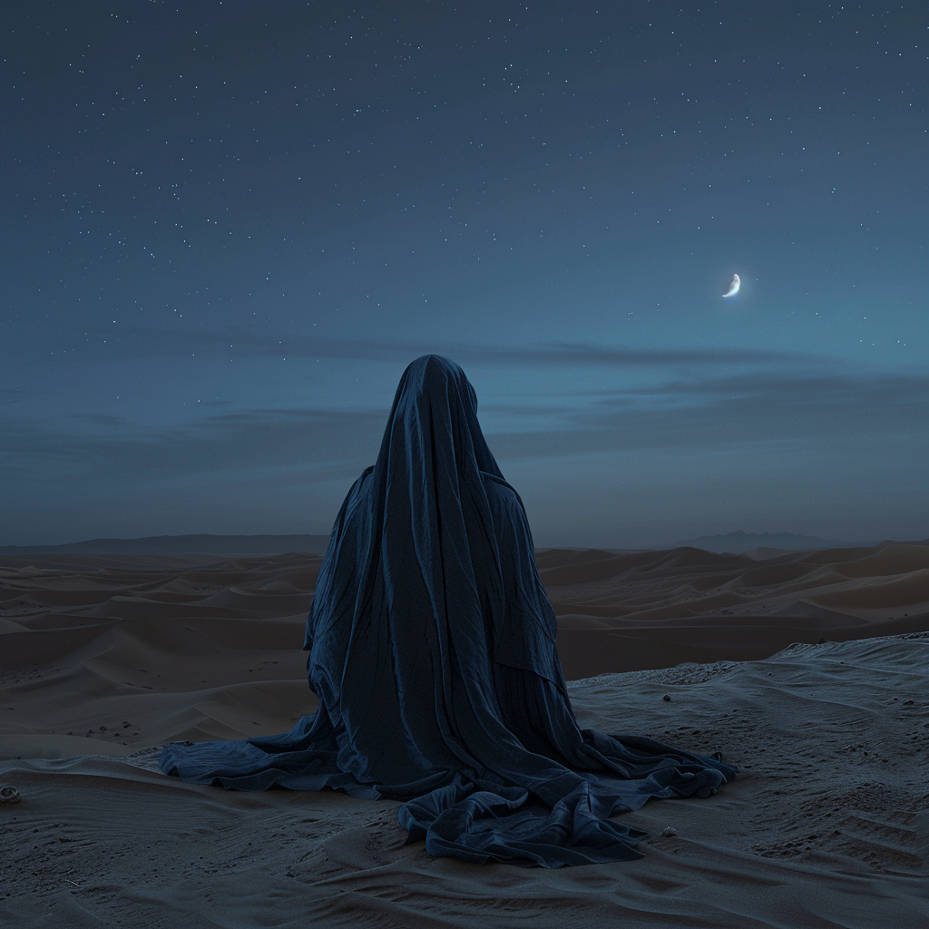 muslim woman sitting praying in the desert