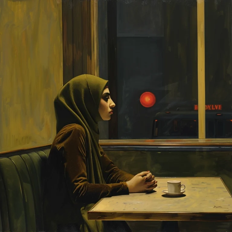 woman in deep thought and wanting to change her life sitting in a cafe alone, success, hypnotherapy, learning, improving, muslim, islam