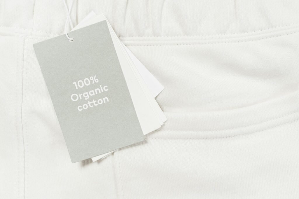 Paper label on a white 100% organic cotton clothing